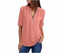 Tunique d'été en mousseline de soie pour femme - Élégant - Couleur unie - Sexy - Col en V - T-shirt long avec fermeture éclair - T-shirt à manches longues - Léger et confortable - Décontracté, Rouge