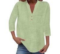 Tunique d'été pour Femme - Coton et Lin - à Manches Sept-Minutes - Chemisier Grandes Tailles col en V - Chemise à Pull-Over Mode de Couleur Unie avec Boutons - Haut élégant décontracté Confortable