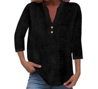Tunique d'été pour Femme - Coton et Lin - à Manches Sept-Minutes - Chemisier Grandes Tailles col en V - Chemise à Pull-Over Mode de Couleur Unie avec Boutons - Haut élégant décontracté Confortable