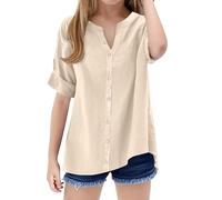 Tunique en coton et lin pour filles - Manches longues - Col en V - Couleur unie - Haut long uni - Respirant - Esthétique, beige, 11-12 ans