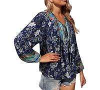 Tunique en dentelle style bohème décontracté pour femme - Col en V - Broderie florale - Chemisier d'été indien à volants sur le devant - Pour personnes âgées - Tendance - Manches longues - Graphique