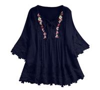 Tunique en gaze à manches 3/4 pour femme - Style bohème - Dentelle florale - Broderie graphique florale - Chemise à volants pour femmes âgées - Coupe ample - En lin - Paysanne bohème, bleu marine, XXL