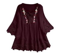 Tunique en gaze à manches 3/4 pour femme - Style bohème - Paysanne - Broderie florale - Chemisier hippie 2024 à volants sur le devant - Pour personnes âgées - Décontracté - Lâche - Lin transparent -