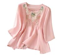 Tunique en lin à col rond pour femme - Coupe ample - Broderie florale - Haut d'été indien à volants pour personnes âgées - Coton occidental - Dentelle rétro - Paysanne tendance, rose, XL