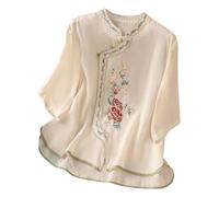 Tunique en lin à manches 3/4 pour femme - Style bohème - Paysanne vintage - Brodé floral - Haut indien à volants sur le devant pour personnes âgées - Col montant - Dentelle - Gaze, beige, M