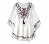 Tunique en lin à manches courtes pour femme - Style bohème - Motif floral brodé - 2025 - Haut à volants indiens pour femmes âgées - Club de gaze d'été - Dentelle printemps, blanc, L