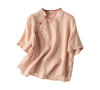 Tunique en lin de style bohème rétro pour femme - Motif floral brodé - Haut d'été indien à volants sur le devant pour femmes âgées - Gaze 2025 - Dentelle mignonne, rose, XL