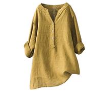 Tunique en Lin Femme Casual Haut Femme Uni Top Manches Longues Femme Respirant Blouse Boutonnée Long Tee Shirt Femme Col V Chic Tunique Grande Taille Automne Printemps Oversize Bureau