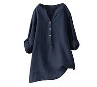 Tunique en Lin Femme Casual Haut Femme Uni Top Manches Longues Femme Respirant Blouse Boutonnée Long Tee Shirt Femme Col V Chic Tunique Grande Taille Automne Printemps Oversize Bureau