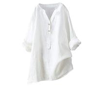 Tunique en Lin Femme Casual Haut Femme Uni Top Manches Longues Femme Respirant Blouse Boutonnée Long Tee Shirt Femme Col V Chic Tunique Grande Taille Automne Printemps Oversize Bureau