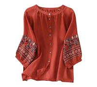 Tunique en lin pour femme style bohème rétro brodé floral chemisier d'été indien à volants sur le devant pour femmes âgées dentelle bohème paysanne club tendance pour femme, Rouge, L