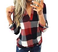 Tunique Femme Chemise à Carreaux à Manches Longues Retroussées Hauts Chemisier Henley Décontractés à Col en V Et Blocs De Couleurs