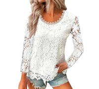 Tunique Femme Chic & Élégante, Blouse Dentelle enzymes Longue Manches, Tee Shirt Femme Grande Taille (Blanc, XL)