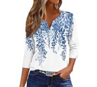 Tunique Femme Chic Et Elegant,Chemisiers Et Blouses Femme Blouse Femme Chic Et Élégant Fluide Imprimé Bouton Commandes en Cours Tshirt Femme Décontractée Tee Shirt Femme Manche 3/4(Bleu Clair,S)