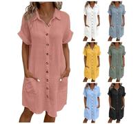 Tunique Femme Chic Et Elegant, Robe Rose Femme Chic Et Elegant De Plage Jupe Dress Manche Courte avec Boutons en Coton Lin Mi Longue Soiree Col V Tunique