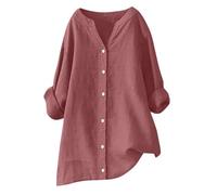 Tunique Femme Coton et Lin Longue Blouse Léger Chemisier à Manches Longues Col en V Boutonnés Chemise Grande Taille Couleur Unie Tunique Ample et Respirant Blouse Hauts
