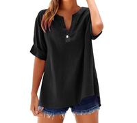Tunique Femme Coton et Lin Longue Tee Shirt Blouse à Manches Courtes Chemisier avec Boutons Été Col en V T-Shirt Couleur Unie Chemise Ample Décontracté Hauts Léger et Respirant Tunique