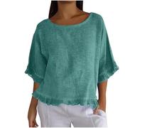 Tunique Femme Demi Manches Blouse en Coton et Lin Volants Patchwork Chemisier Décontracté Col Rond Chemise Été Manches Courtes Tee Shirt Simple Couleur Unie T Shirt Ample et Respirant Haut