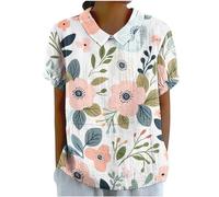 Tunique Femme Élégant Col Claudine Blouse Imprimé Fleur de Prunier T-Shirt Coton et Lin Chemisier Été Hauts à Manches Courtes Grande Taille Revers Chemise Léger et Respirant Blouse