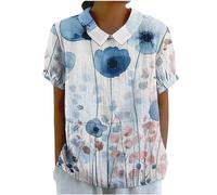 Tunique Femme Été Coton et Lin Blouse Imprimé Fleurs T-Shirt Col Claudine Chemisier Manches Courtes Hauts Grande Taille Revers Chemise Chic et Élégant Blouse