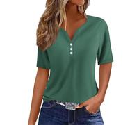 Tunique Femme Grande Taille,Générique VêTements Femme Tenue De Sport Femme Chemisier T-Shirt Femme Imprimé Bouton Manches Col en V Haut Et Blouse Femme Chic Et Élégant(Dark Green,L)
