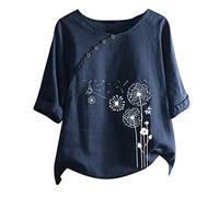 Tunique Femme Lin Été Manche Courte Oversize Blouse Femme Chic Et Élégant Grande Taille Imprimer Floral Top Femme Fluide Lâche Decontracte Tunique Col Rond Confortables Rétro Vetement