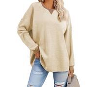 Tunique Femme Oversize Tricot Gaufré Blouse Longue Col en V T-Shirt Manches Longues Tee Shirt Couleur Unie Chemisier Décontracté Coupe Ample Pull Sport Haut pour Printemps Automne