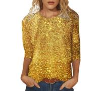 Tunique Femme Paillettes Élégant Chemises Manches 3/4 Chic T-Shirt Lâche Tops Blouse Slim Blouses décontracté Retro Sequin Tee Soirée Col Rond Disco Casual Brillantes Club Hauts