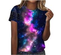 Tunique Femme Tee Shirt à Imprimé Galaxie Été Manches Courtes T Shirt Col Rond Ciel Étoilé T-Shirt Brillant Nuit Étoilée Blouse Mode Voie Lactée Chemisier Chic et Élégant Tshirt Haut