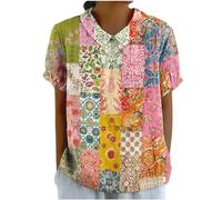 Tunique Femme Vintage Coton et Lin Blouse Imprimé Fleurs T-Shirt Col Claudine Chemisier Été Hauts à Manches Courtes Grande Taille Revers Chemise Léger et Respirant Blouse