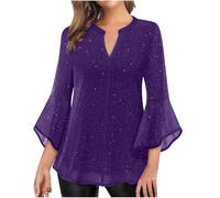 Tunique Femme Volants Manches 3/4 Chemisier Chic Et Élégant Marquage à Chaud Blouse Brillant Col en V T-Shirt Été Double Couche Engrener T Shirt Ample Fluides Chemise Tee Shirt pour Soirée Fête