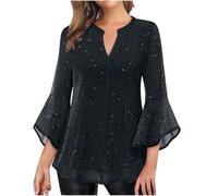 Tunique Femme Volants Manches 3/4 Chemisier Chic Et Élégant Marquage à Chaud Blouse Brillant Col en V T-Shirt Été Double Couche Engrener T Shirt Ample Fluides Chemise Tee Shirt pour Soirée Fête