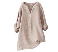 Tunique Lin Coton Femme Grande Taille Long Tee Shirt Femme Col V Automne Top Decontractee Femme Souple Chemisier à Boutons Blouse Femme Manches Longues Chic Tunique Uni Respirant Ample