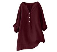 Tunique Lin Coton Femme Grande Taille Long Tee Shirt Femme Col V Automne Top Decontractee Femme Souple Chemisier à Boutons Blouse Femme Manches Longues Chic Tunique Uni Respirant Ample