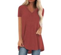 Tunique Long Femme Col en V, Tee Shirt Manche Courte Femme Grande Taille,Haut Sport Décontractés Ample Printemps Et été Top Couleur Unie pour L'extérieur Le Quotidien Activités en Plein Air