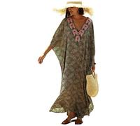 Tunique Longue Femme été Grande Taille Hippie Chic Robe Imprime Africain Caftan Indien Kaftan Long Kimono Ethnique Cache Maillot de Bain Poncho Motif Fleur Pareo Plage Bikini Cover Up ZSCPDN0337GN