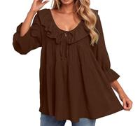 Tunique Longue Femme Manches 3/4 Bouffantes, Tee Shirt Grande Taille Femme Col V Profond,Haut à Volants Ample Top DéContracté Chic Et ÉLéGant Basique Pullover pour Le Quotidien Les Rendez Vous