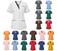 Tunique MéDicale Femme Col en V Manche Courte Blouse Infirmiere Uniforme De Travail Haut Et Pantalon Tenue Aide Soignante Professionnelle EsthéTicienne VêTement Lavables Durables Ensemble