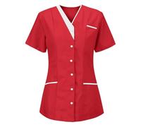 Tunique MéDicale Femme Manche Courte Blouse Col en V Infirmiere Uniforme De Travail Haut Aide Soignante Professionnelle VêTement Couleur Unie Lavables Tops avec Poches Bouton (01 Pastèque Rouge, M)
