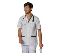 Tunique médicale Homme col V avec Parement de Couleur Blouse Manche Courte Professionnelle Blanche Fermeture par 4 Pressions cachées (FR/ES, Alpha/Lettres, 3TG, Taille Normale, Taille Normale, Blanc)