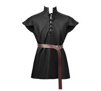 Tunique médiévale Ailrik avec bordure pour homme à manches courtes Viking Chemise pour carnaval, Y - noir, M