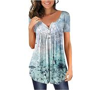 Tunique pour femme avec volants et boutons amples - Col en V - Chemises fluides plissées - T-shirt à manches courtes - Tunique boutonnée - Motif floral, Bleu 2, XXL