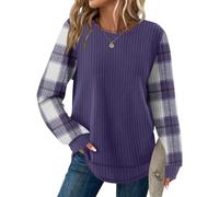 Tunique pour femme - Col rond - Pull ample - Décontracté - En tricot gaufré - Basique - Bloc de couleurs - T-shirt élégant - T-shirt tendance à manches longues, 02-violet, S