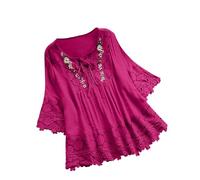 Tunique pour femme - Grande taille - Chemisier en coton et lin brodé - Col en V - Manches 3/4 - Haut d'été surdimensionné - T-shirt bohème paysanne tendance, 5 hauts rose vif Hauts pour femme, M