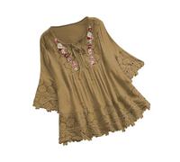 Tunique pour femme - Grande taille - Chemisier en coton et lin brodé - Col en V - Manches 3/4 - Haut d'été surdimensionné - T-shirt bohème paysanne tendance, 3 chemisiers beiges pour femme, XL