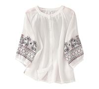 Tunique rétro bohème en gaze paysanne pour femme - Style bohème - Broderie florale - 2025 - Haut indien à volants sur le devant pour femmes âgées - Dentelle en lin - Mignon - Décontracté, blanc, L