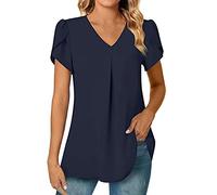 Tuniques Femms Mousseline de Soie, T Shirts Grande Taille Femme Col V,Haut Sexy Femme Plissés Léger Top Chic Manches Courtes Printemps été Uni Blouses Les Tendances Loose de Fête Soirée Chemisie