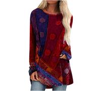 Tuniques pour femmes UK à manches longues et col rond - Chemises décontractées ethniques à fleurs - Sweat-shirts hippies mignons - T-shirts bohèmes - Hauts de style ethnique - Robes décontractées