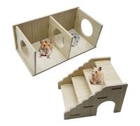 Tunnel à 2 chambres pour hamster et pont échelle d'escalade en bois, cachette en bois avec échelle pour hamsters syriens nains, gerbilles, souris ou autres petits animaux de compagnie