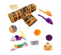 Tunnel pliable pour chat de type T - Kit de pour chat avec tige à ressort, souris à ressort à boule, jeu interactif, cachette et recherche pour chats domestiques, lapins, petits animaux